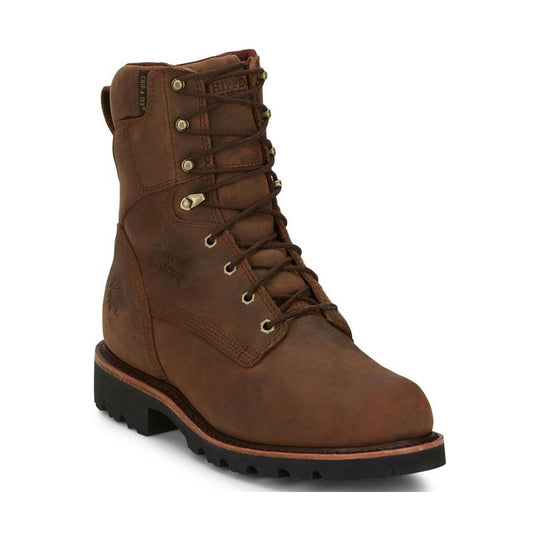 Brown lace-up steel toe work boot with black lug sole and metal eyelets