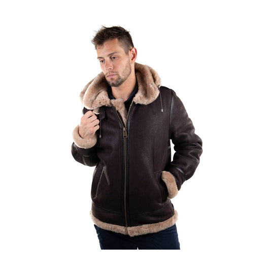 Brown shearling bomber jacket with hood and fur trim