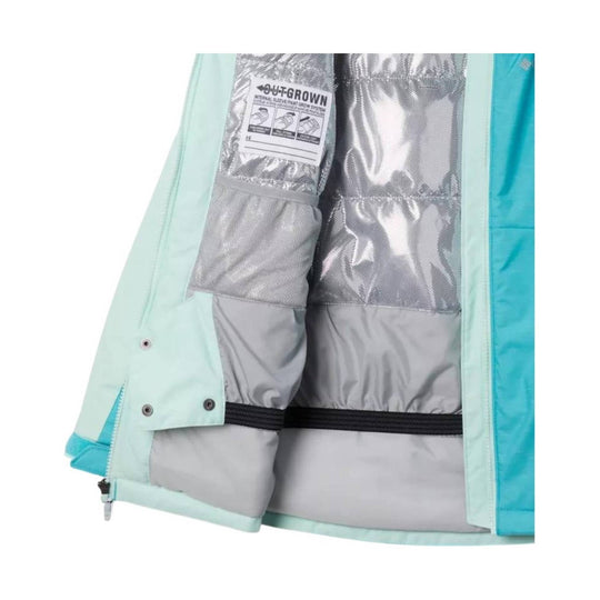 Open teal kids' winter jacket showing silver lining and an Outgrown label