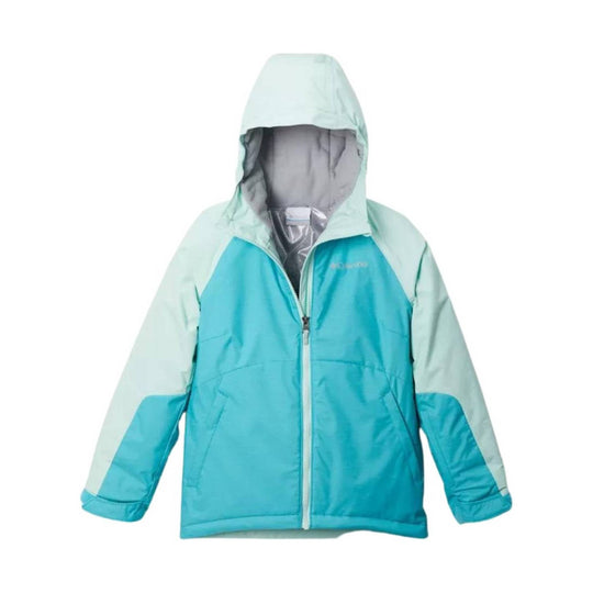 Hooded turquoise and mint kids' zip-up winter jacket with gray lining