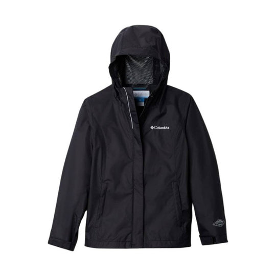 Black hooded kids' jacket with a front zipper, mesh face panel, and small chest logo
