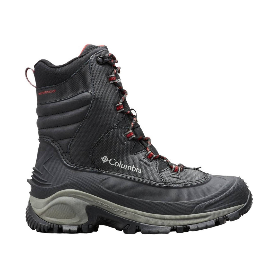 Black insulated hiking boot with red laces, waterproof marking, and a chunky lug sole