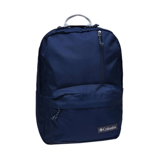 Navy backpack with front zip pocket and top carry handle