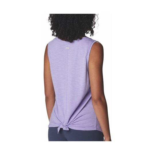 Lavender sleeveless tank top with a tied hem, shown from the back