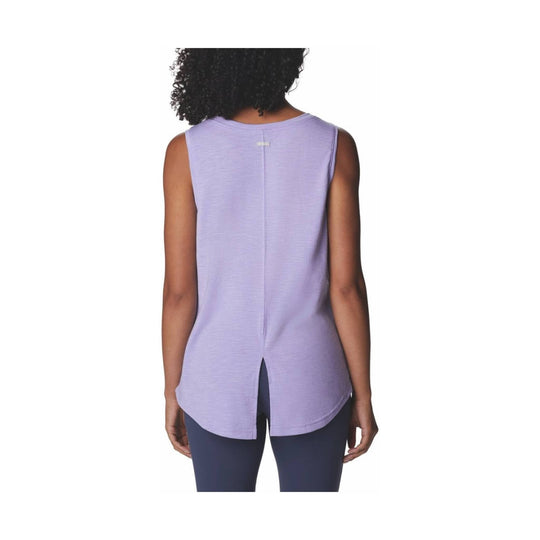 Lavender sleeveless athletic tank with a curved hem and back slit, shown from the back