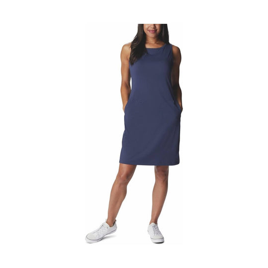 Sleeveless navy knee-length dress with side pockets