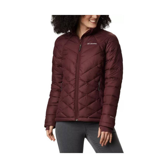 Quilted burgundy zip-up puffer jacket with a stand collar and zip pockets, shown on a model