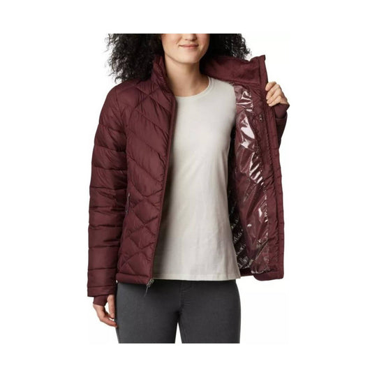 Burgundy quilted puffer jacket with front zipper, shown open over a light shirt