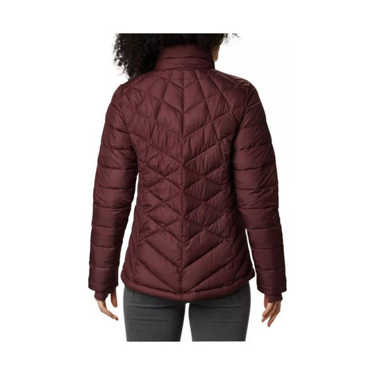 Burgundy quilted puffer jacket shown from the back