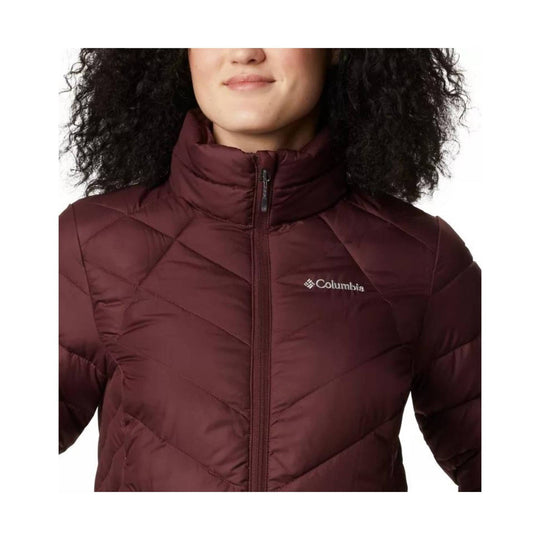 Maroon quilted puffer jacket with front zipper and high collar, shown on a model.