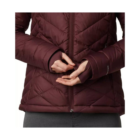 Burgundy quilted puffer jacket with a front zipper and thumbhole cuffs