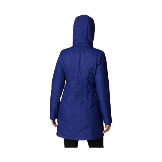 Long blue hooded quilted jacket shown from the back