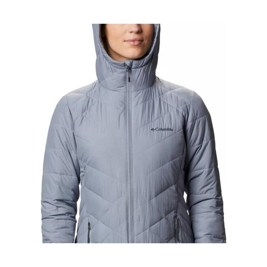 Light gray quilted hooded jacket with front zipper and Columbia logo on chest