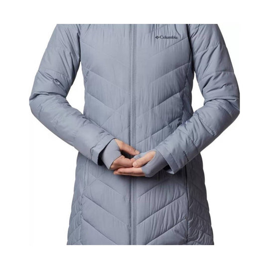 Light gray quilted long puffer jacket with front zipper, long sleeves, and thumbhole cuffs