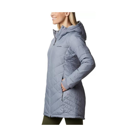 Long light gray hooded puffer jacket with front zipper and side pockets