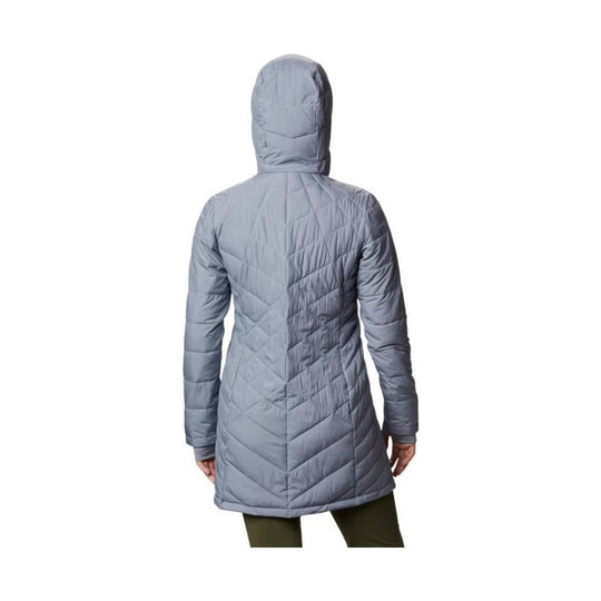 Gray long quilted hooded puffer coat shown from the back