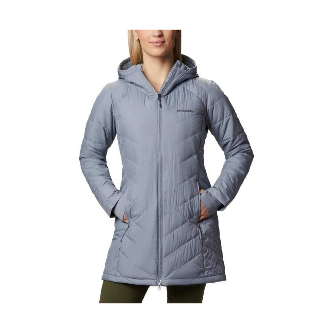 Light gray hooded quilted long jacket with front zipper and hand pockets
