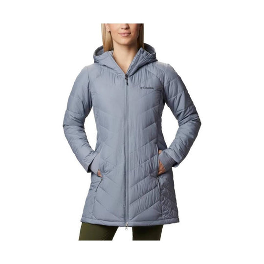 Light gray hooded quilted long jacket with front zipper and hand pockets