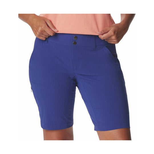 Blue hiking shorts with button waistband, zip side pocket, and front pockets