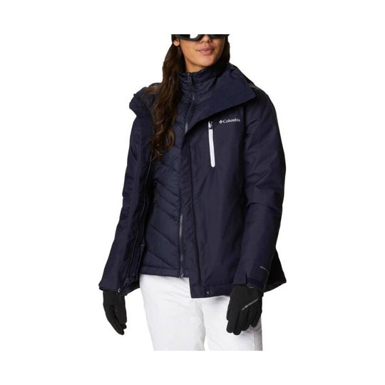 Navy insulated ski jacket with hood, front zipper, chest pocket, and Columbia logo