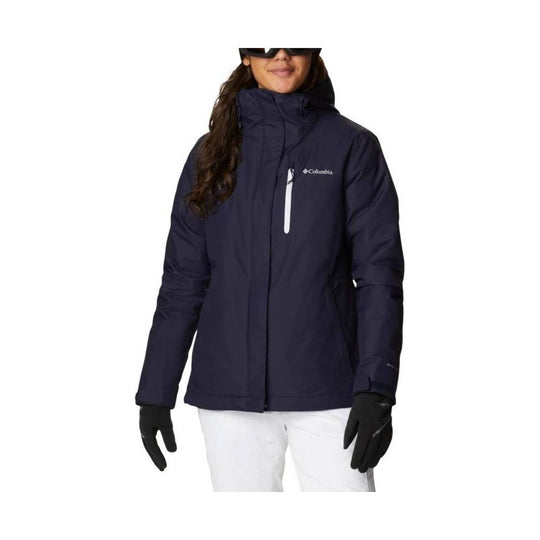 Navy hooded winter jacket with a front zipper pocket and black gloves