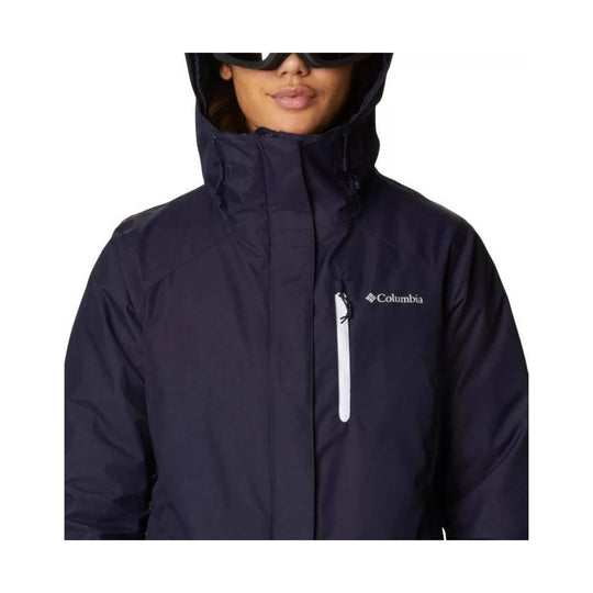 Navy hooded winter jacket with a high collar, zippered chest pocket, and Columbia logo