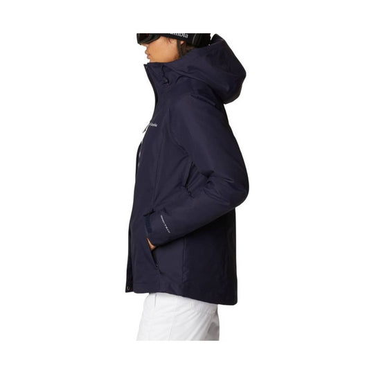 Navy hooded winter jacket shown in side profile, with zip pockets and white pants