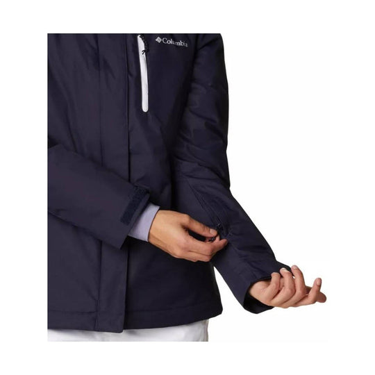 Navy hooded insulated jacket with a white front zipper and Columbia logo