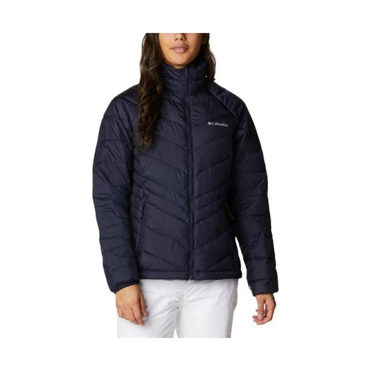 Navy quilted zip-up puffer jacket with stand collar and Columbia logo