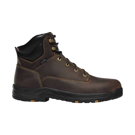 Brown and black lace-up work boot with a padded ankle collar and rugged lug sole