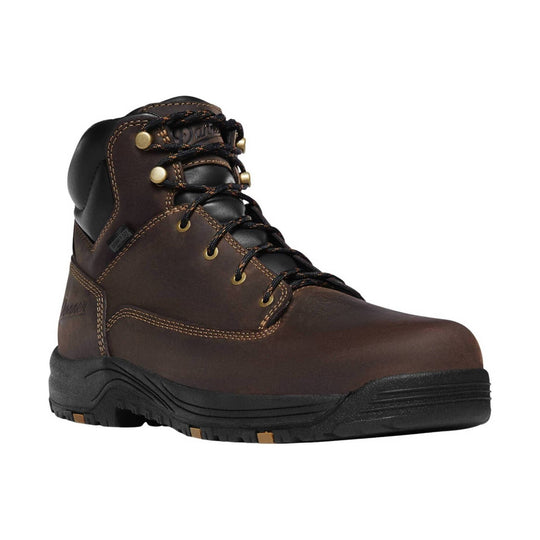 Brown and black lace-up work boot with brass eyelets and a thick treaded sole