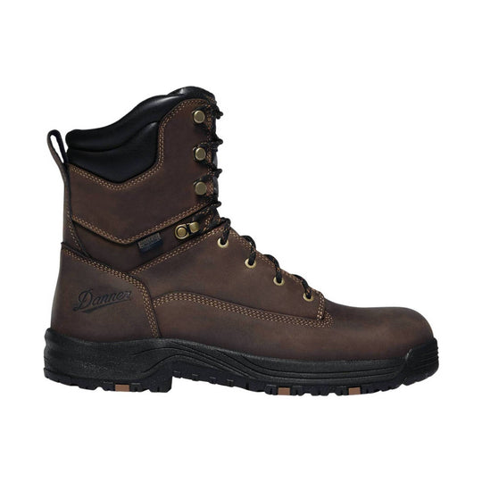 Brown leather lace-up work boot with black padded collar and black lug sole
