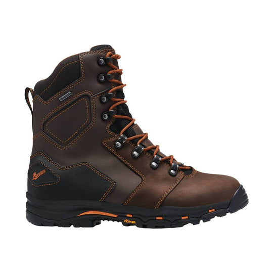 Brown lace-up insulated work boot with black sole and orange stitching