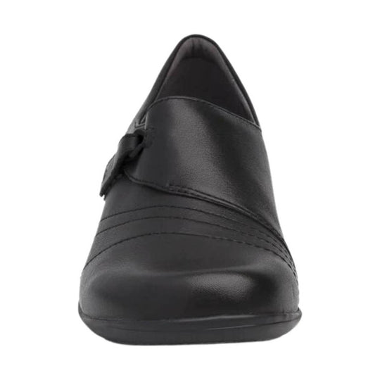 Black closed-toe slip-on shoe with a smooth leather upper and thick rounded sole, front view