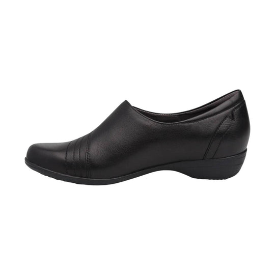 Black leather wedge slip-on shoe with rounded toe and stitched side panel