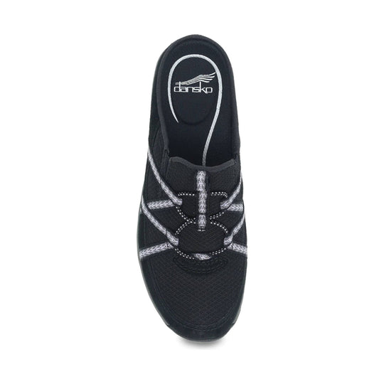 Black mesh slip-on clog with bungee lacing and white trim