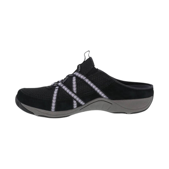 Black mule clog with mesh upper, elastic lacing, and gray cushioned sole