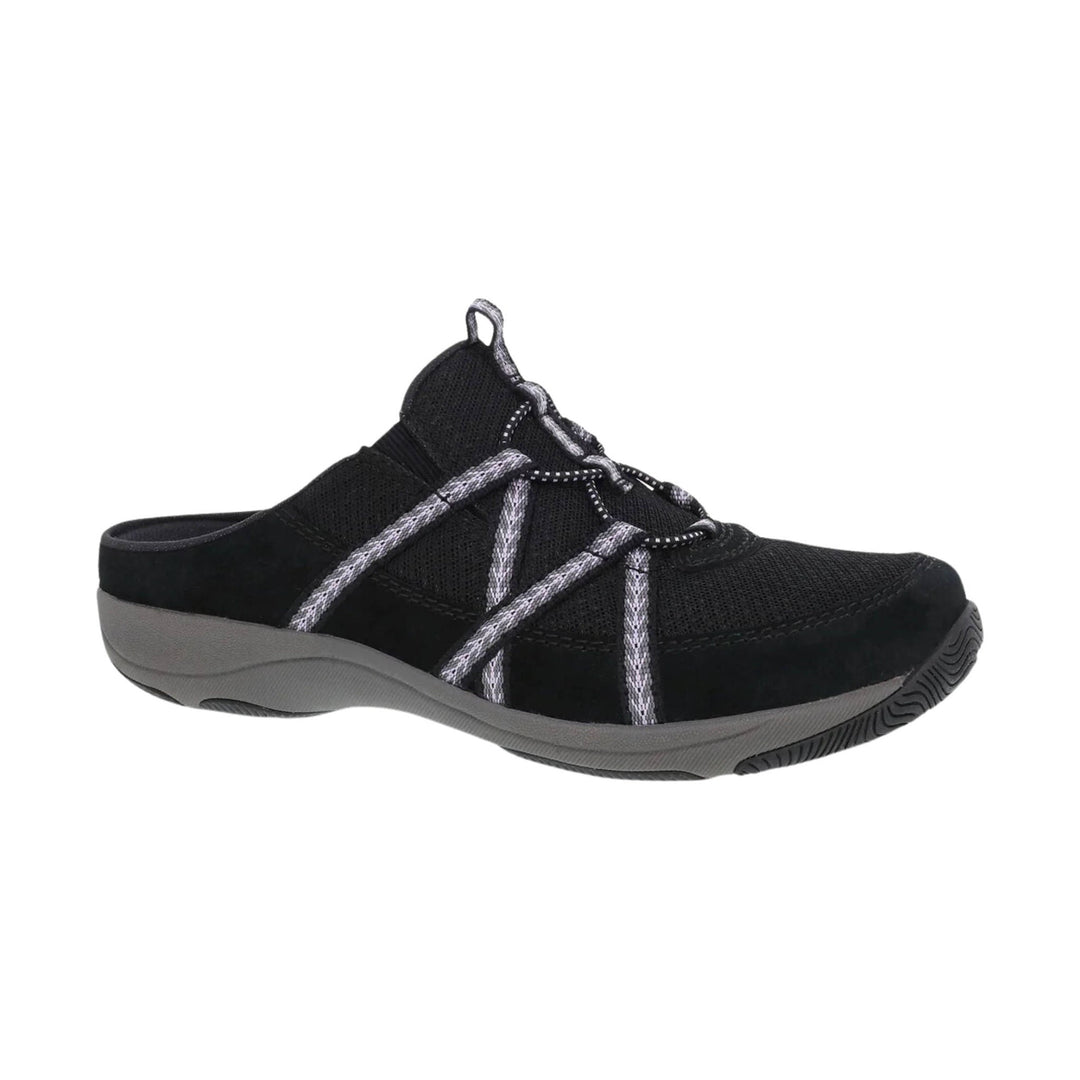 Black slip-on walking shoe with gray midsole and black-and-white bungee laces