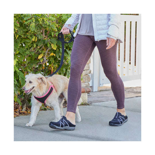 Black slip-on athletic shoe with elastic straps and a gray sole