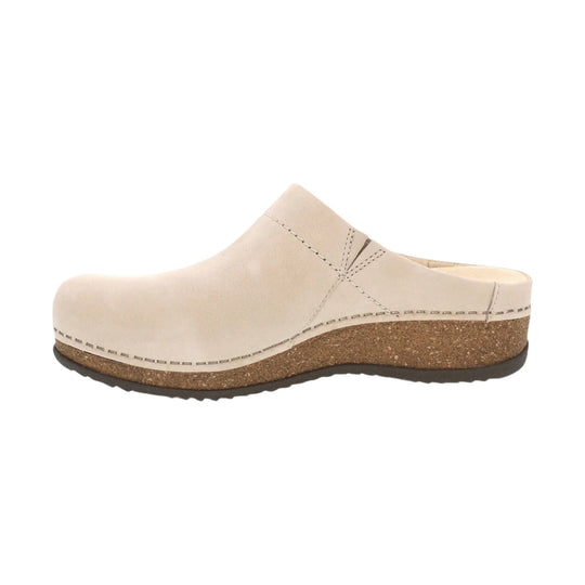 Beige slip-on clog with a cork wedge sole and dark rubber outsole