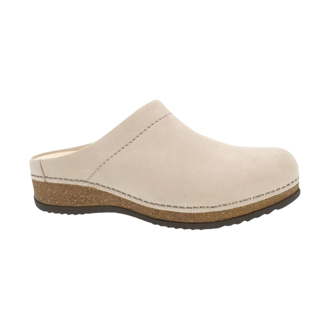 Beige closed-back clog with cork midsole and black outsole