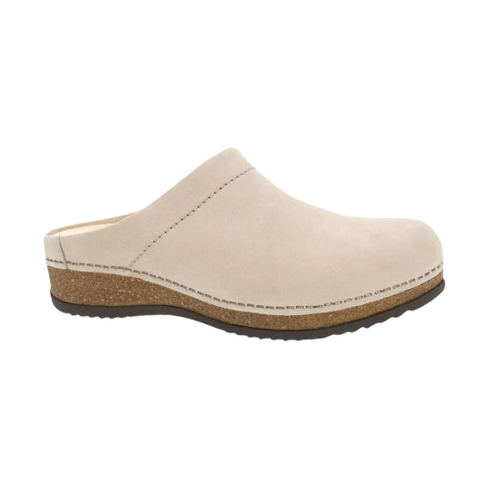 Beige closed-back clog with cork midsole and black outsole