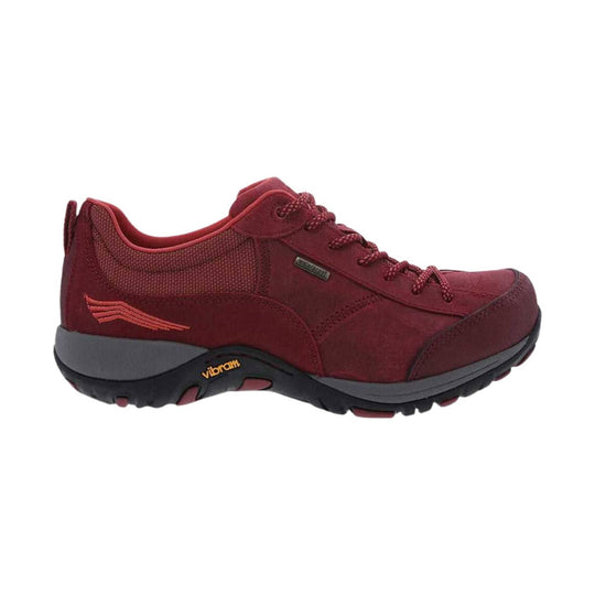 Burgundy low-top hiking sneaker with red laces, waterproof tag, and Vibram sole