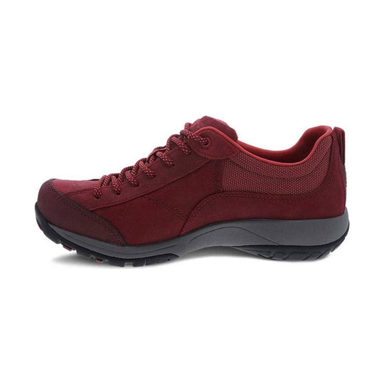 Maroon low-top hiking shoe with bungee laces, mesh side panels, and a gray rubber sole