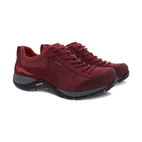 Burgundy waterproof hiking shoes with bungee laces and black lug soles