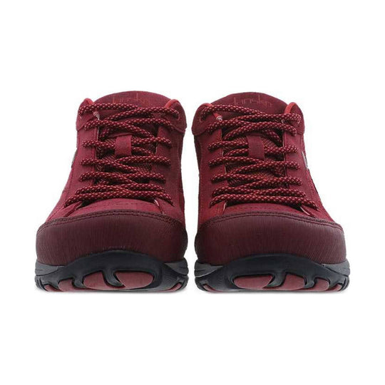 Burgundy waterproof sneaker boots with bungee laces and thick black soles
