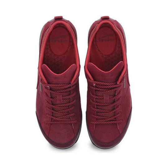 Burgundy athletic sneaker shown from above with lace-up front and rounded toe