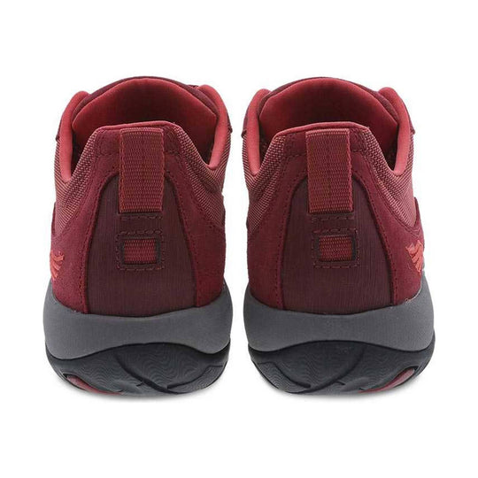Rear view of maroon athletic sneakers with gray soles and pull tabs
