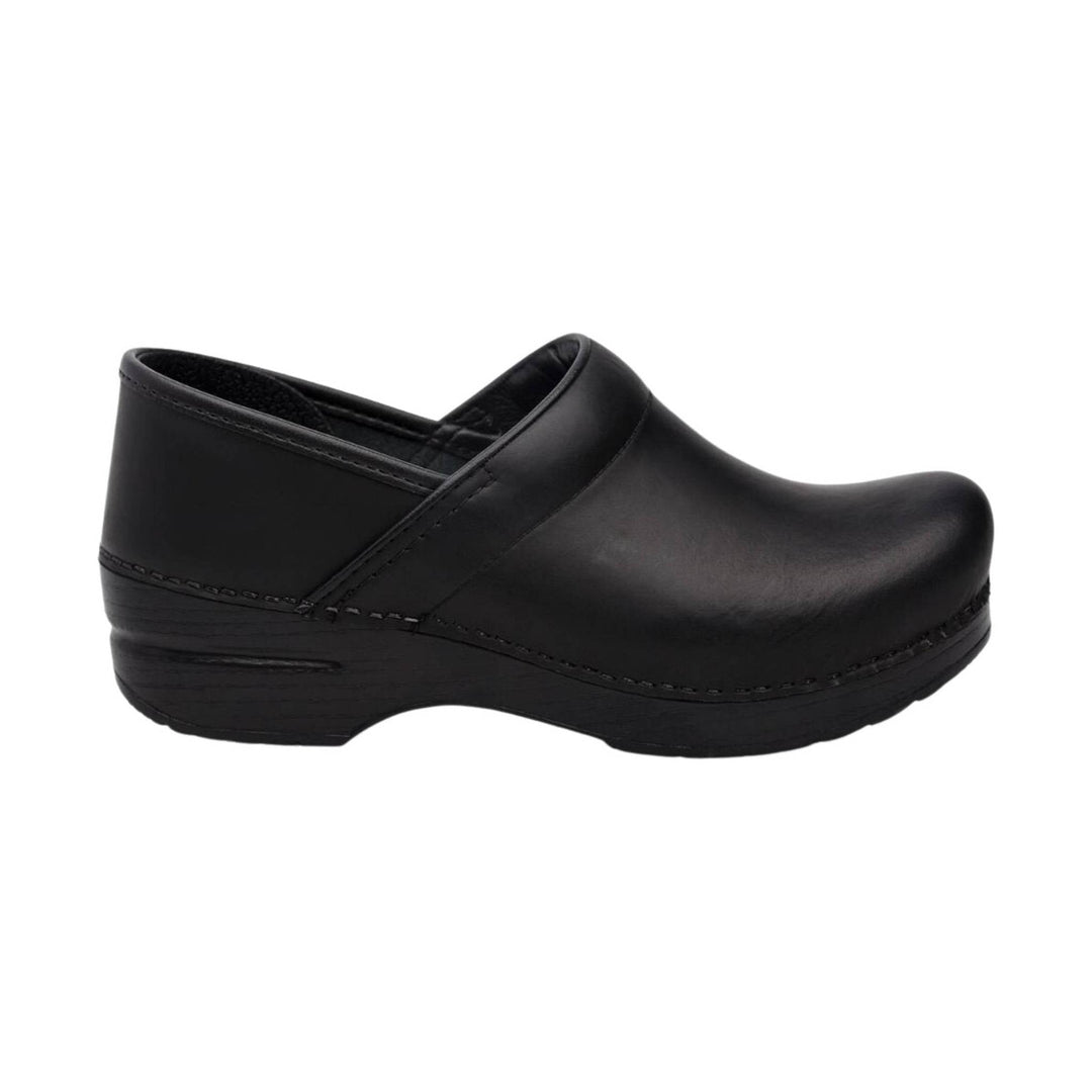 Black leather clog with a closed toe, open heel, and thick platform sole