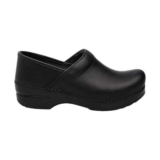 Black leather clog with a closed toe, open heel, and thick platform sole